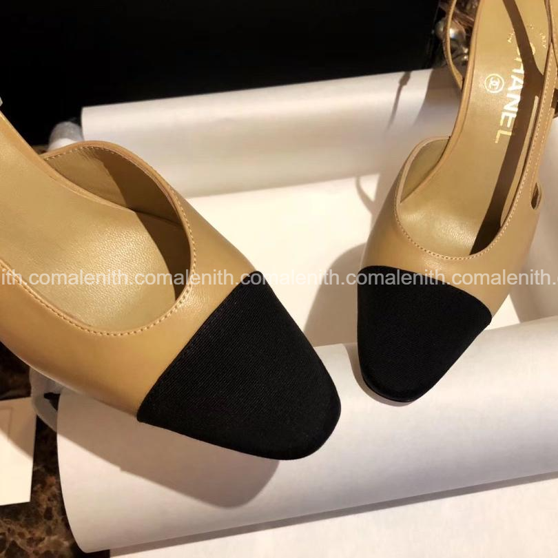 Chanel Apricot and Black Fabric Toe High Heel Slingback